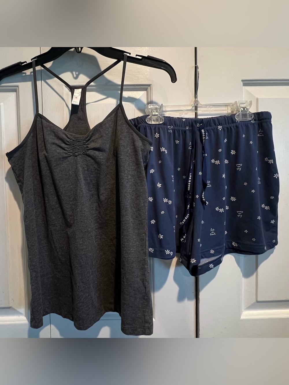 2 Pc PJ Set🌼LIFE IS GOOD Navy Daisy Sleep Shorts & Charcoal Grey Racerback Cami